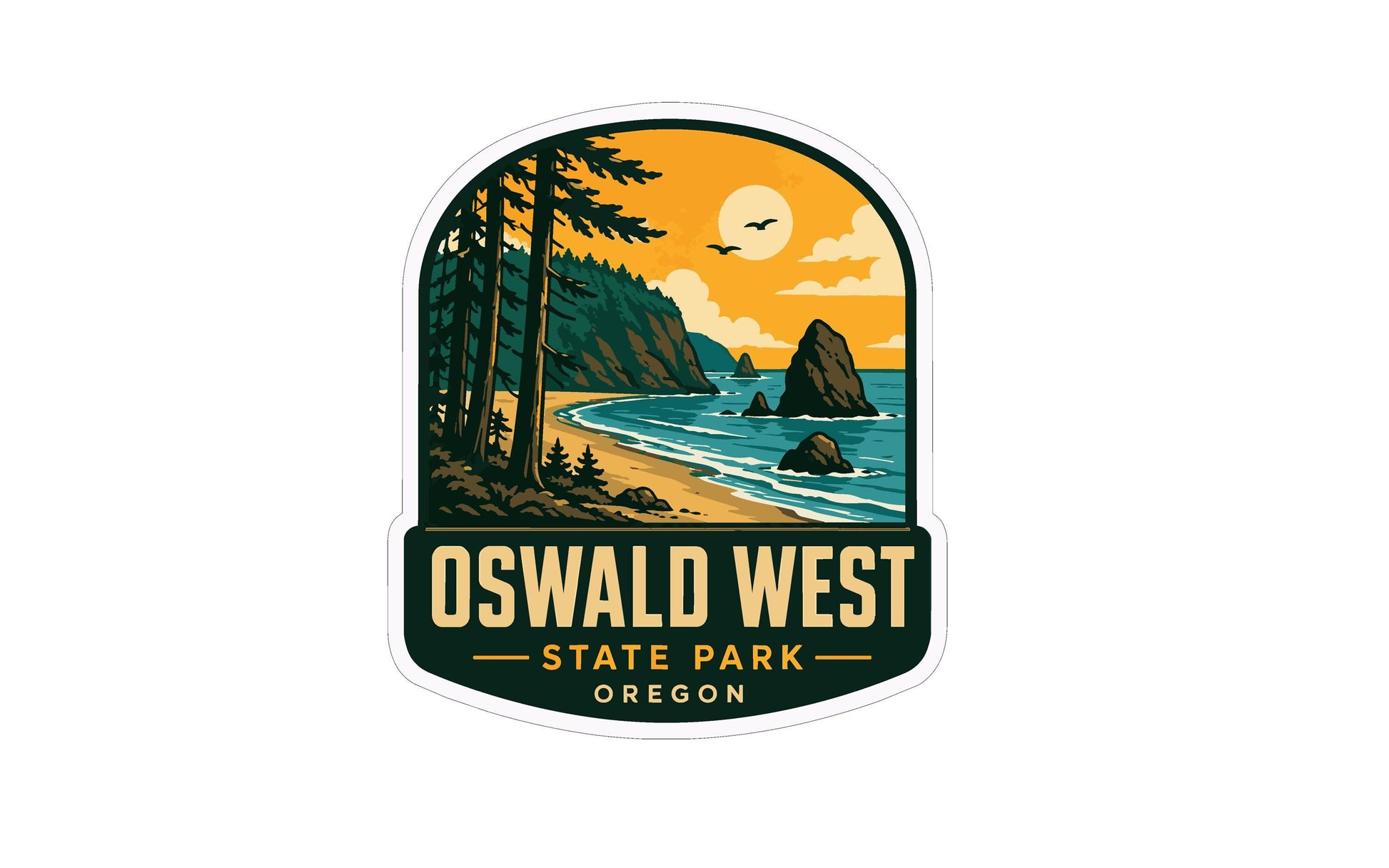 a sticker or logo for Oswald West State Park in Oregon. The design includes a beach scene with a rocky shoreline, pine trees, and a sunset over the ocean.