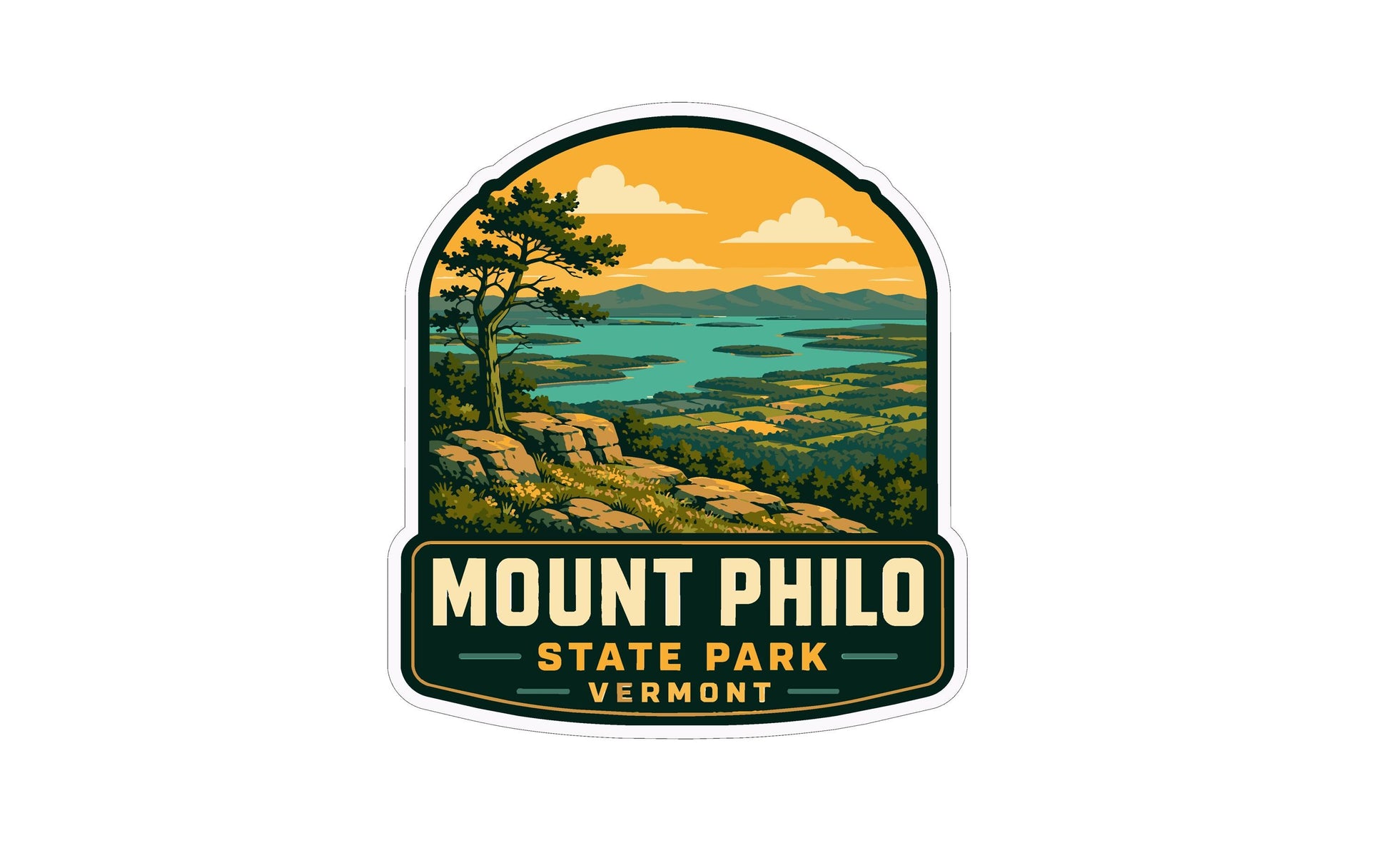 a sticker or emblem with a scenic landscape depicting a mountain range, a lake, and a forest. The text "Mount Philo State Park Vermont" is prominently displayed, indicating the location of the landmark.