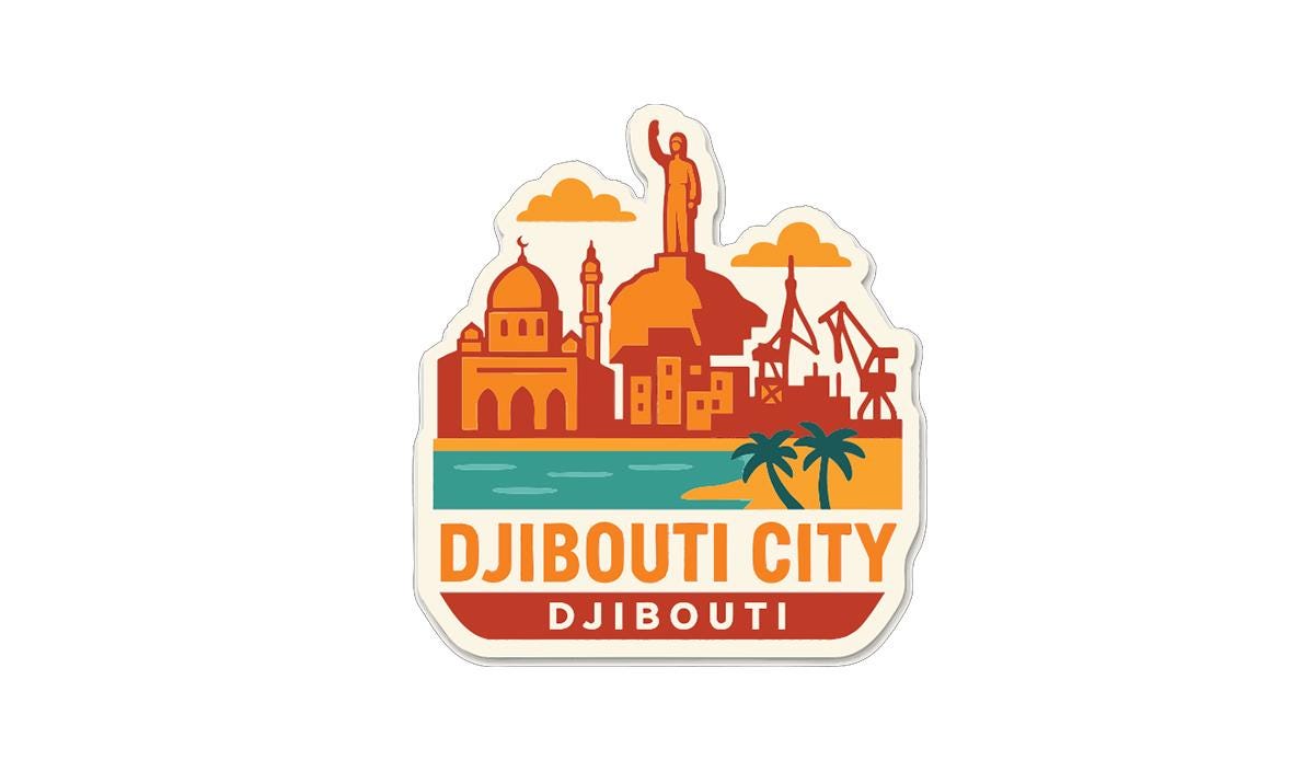 a stylized illustration of Djibouti City, with a prominent statue in the center.
