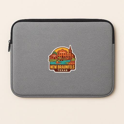 A gray laptop sleeve with a colorful graphic of a landmark, specifically the New Braunfels, Texas, on it.