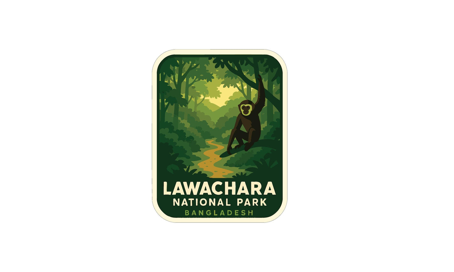 a sticker or label with a jungle scene and a monkey, representing the Lawachara National Park in Bangladesh.