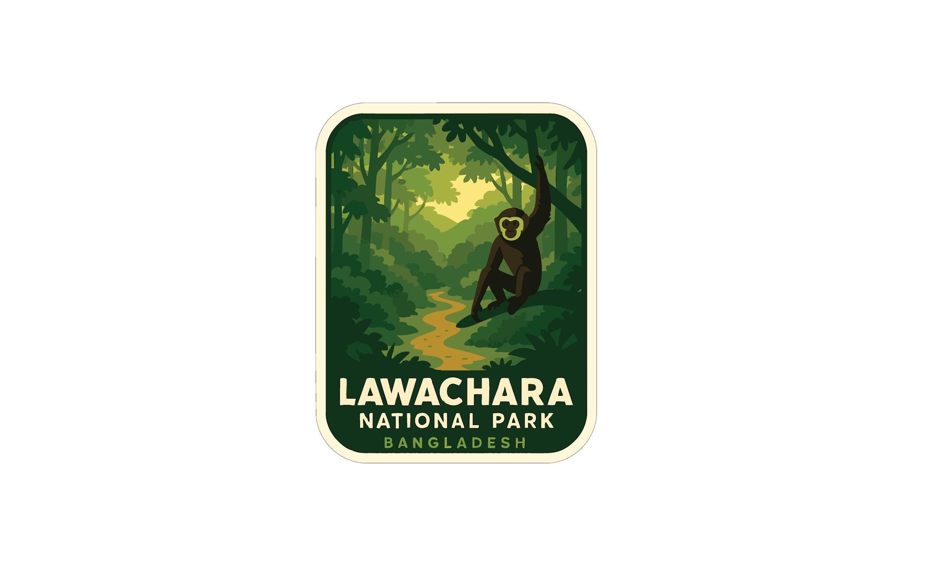 a sticker or label with a jungle scene and a monkey, representing the Lawachara National Park in Bangladesh.