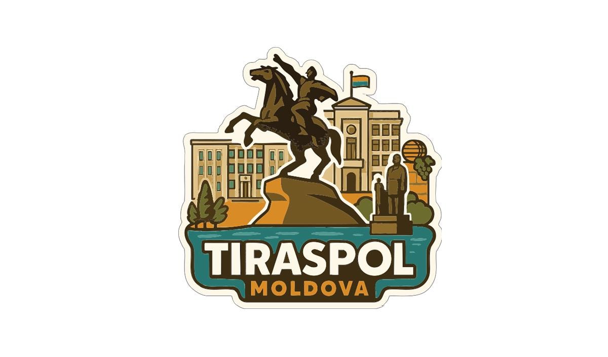 a stylized illustration of a statue of a man on a horse, surrounded by various city elements such as buildings, trees, and a body of water. The text "TIRASPOL MOLDOVA" is prominently displayed, indicating the location or city.