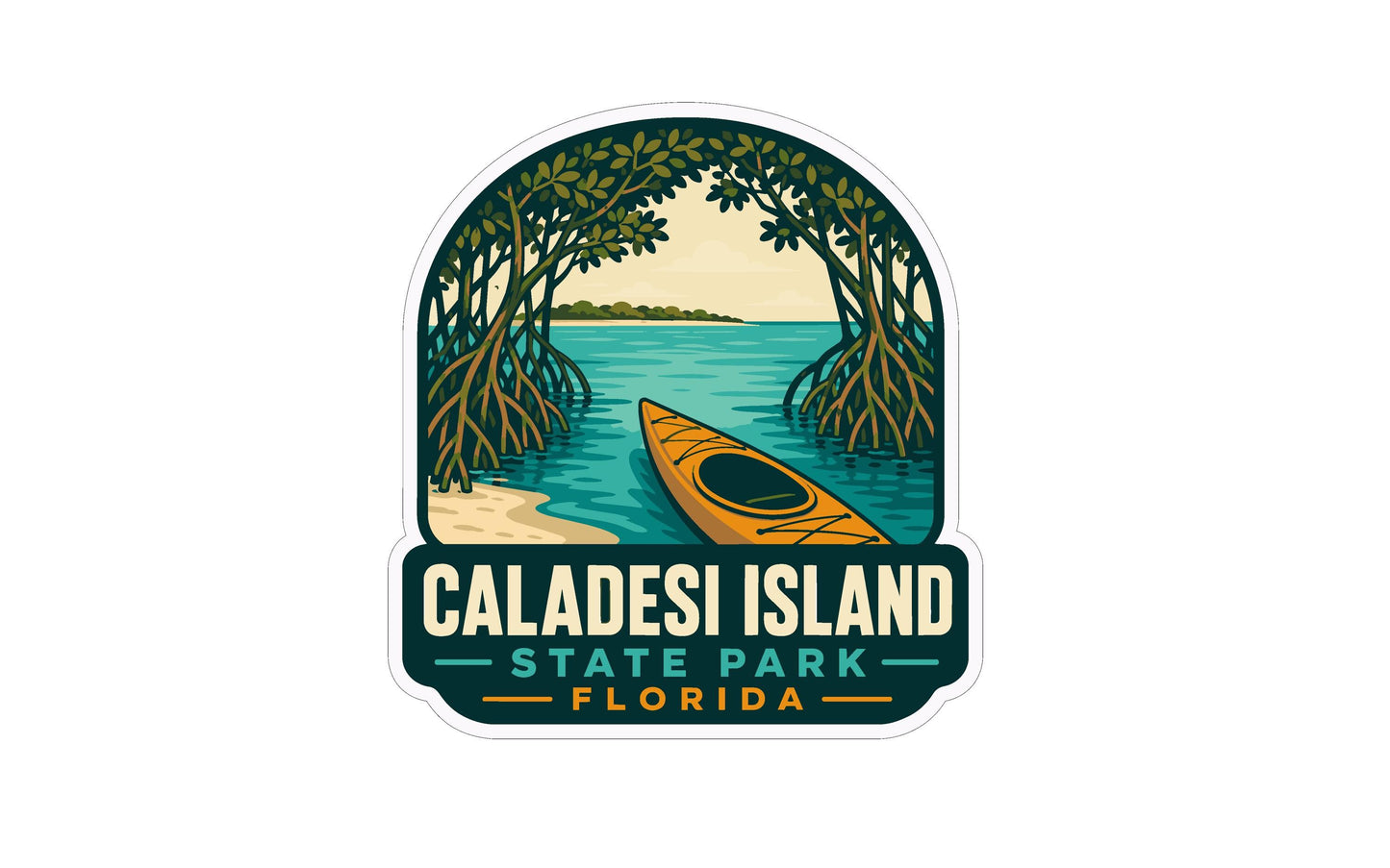 A sticker or emblem featuring a kayak on a tropical island surrounded by trees and water, with the text "CALADESI ISLAND STATE PARK FLORIDA" prominently displayed.