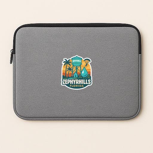 A gray laptop sleeve with a logo for Zephyr Hills, Florida, printed on it.