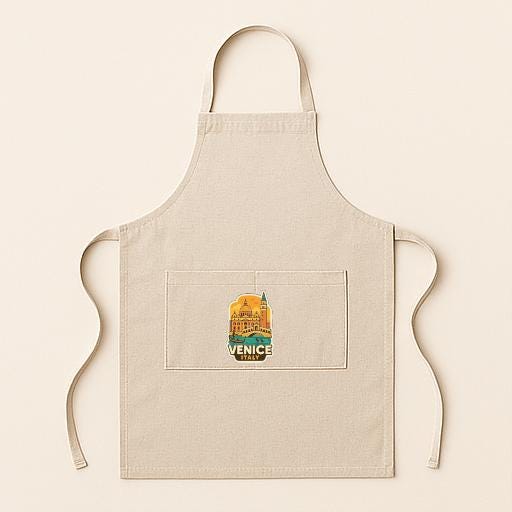 A beige apricot with a small pocket on the front, featuring a graphic of Venice.