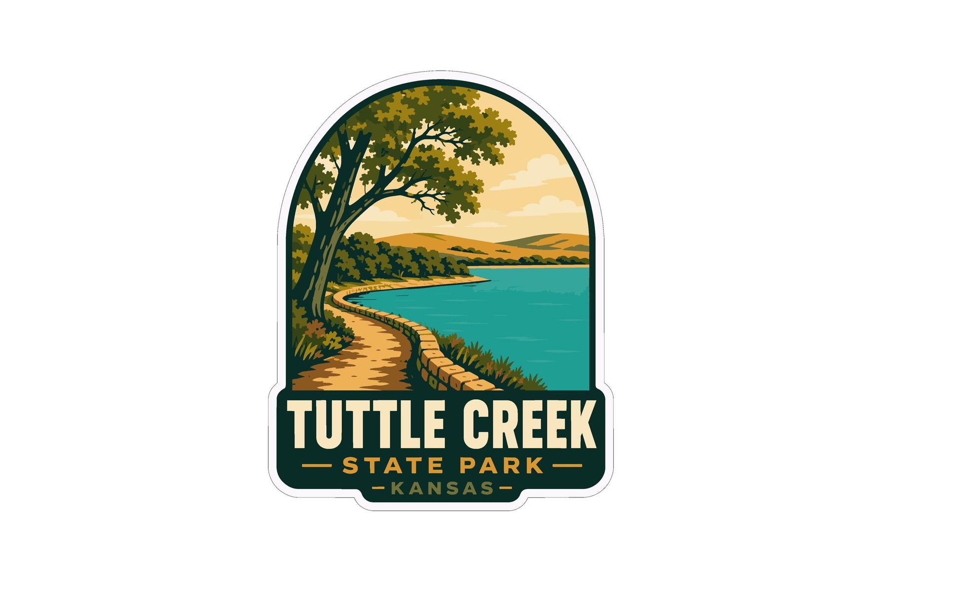 A sticker or logo depicting a scenic landscape with a winding path leading to a lake, surrounded by trees and hills.