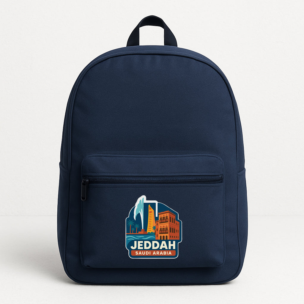 A navy blue backpack with a graphic of Jeddah, Saudi Arabia, printed on it.