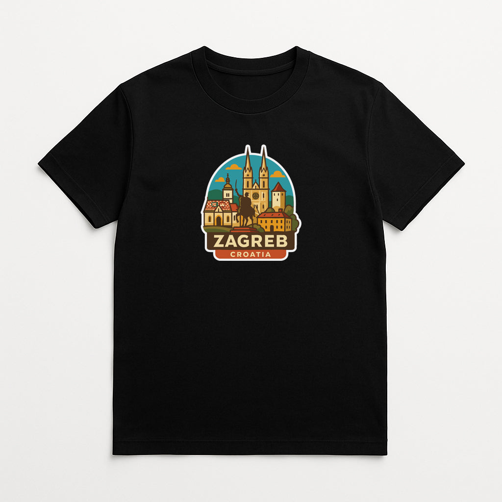A black t-shirt with a graphic design depicting a cityscape and the text "Zagreb Croatia" printed on it.
