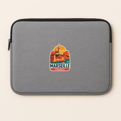 A gray laptop sleeve with a logo of the city of Marseille, France, printed on it.