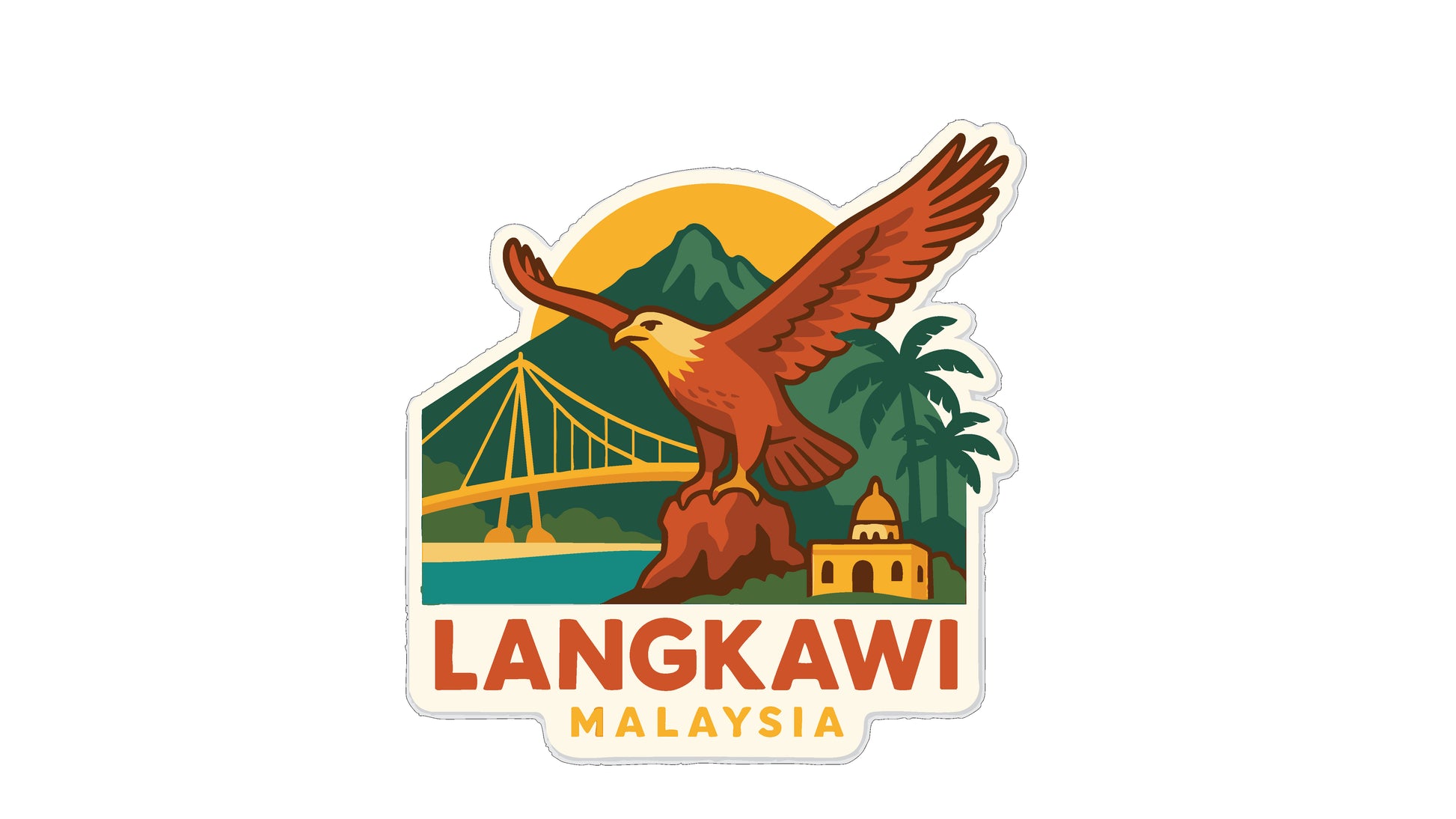 a sticker or emblem with an eagle, a bridge, palm trees, and mountains, along with the text "LANGKAWI MALAYSIA".