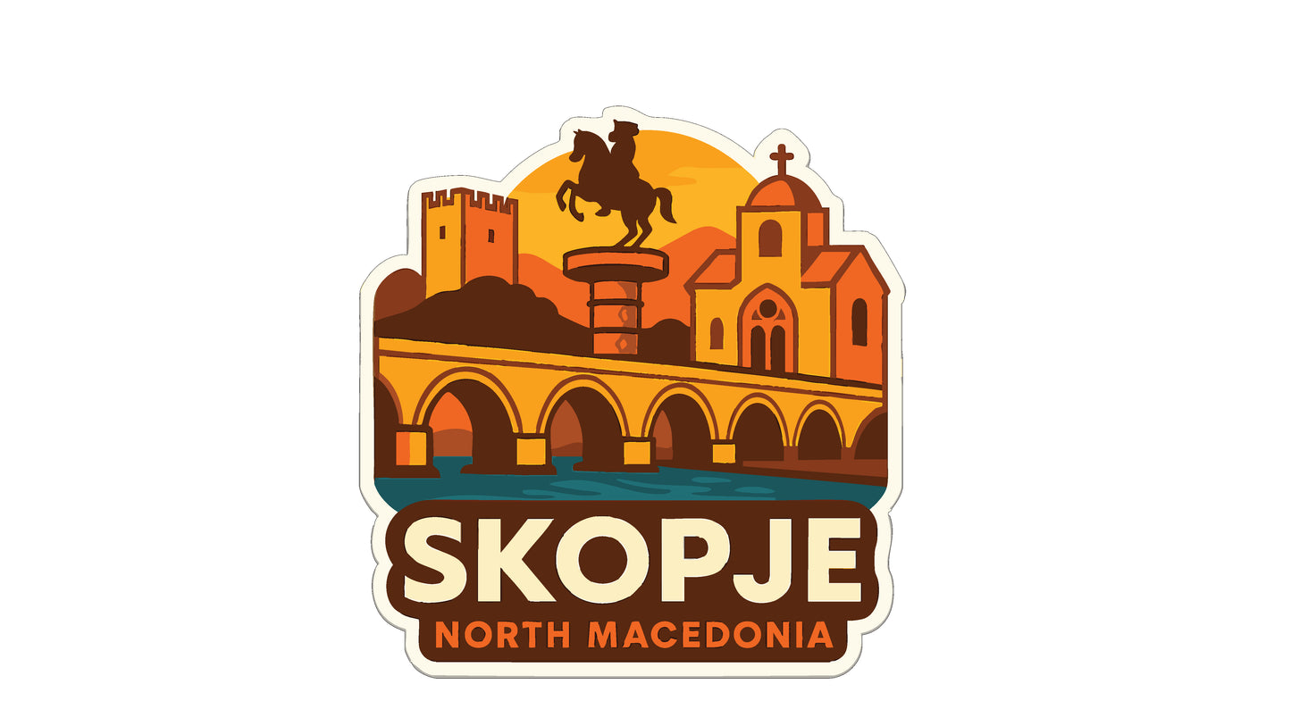 a stylized illustration of Skopje, the capital city of North Macedonia, with a bridge, a statue of a man on a horse, and a castle-like building in the background.