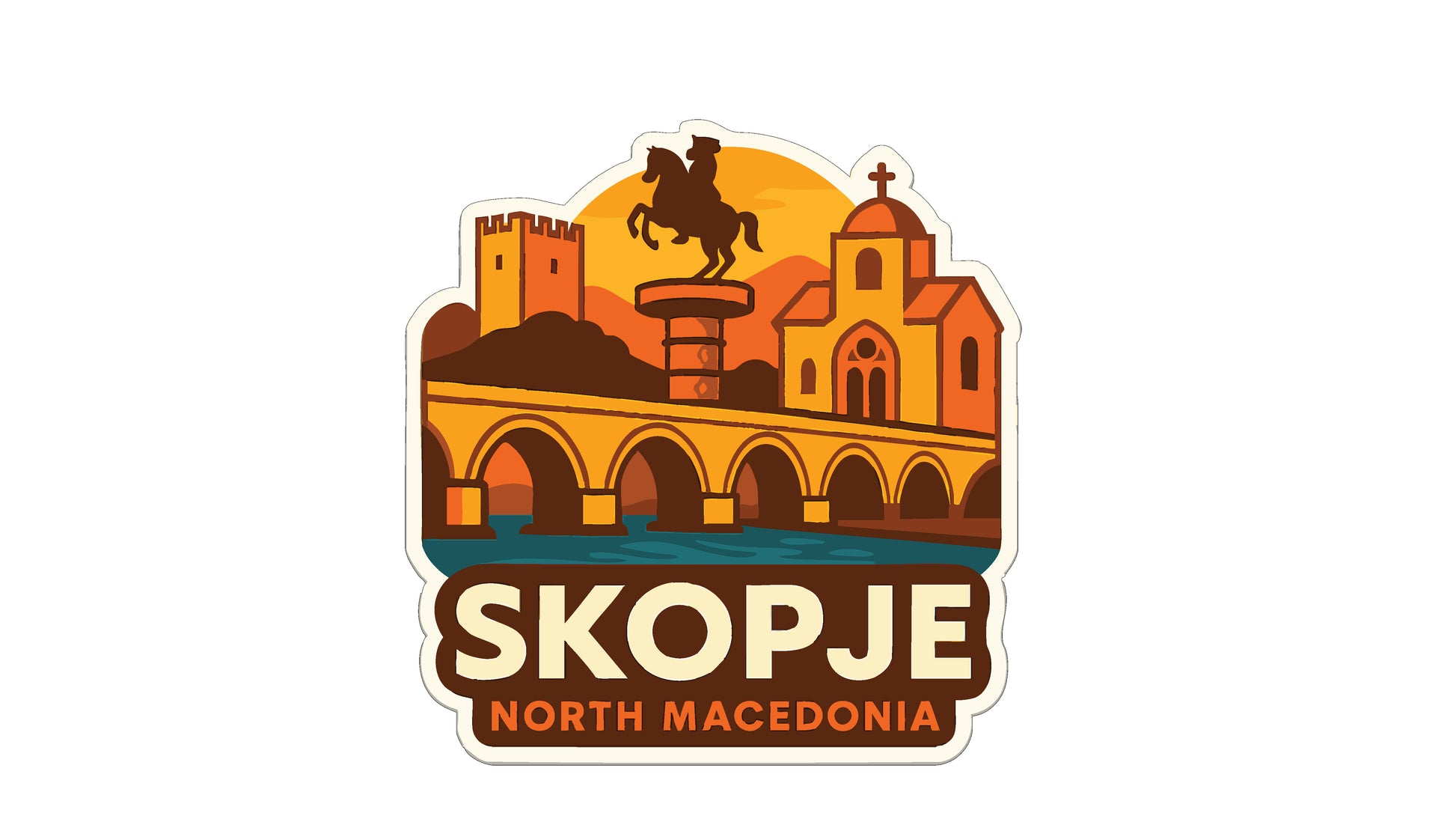 a stylized illustration of Skopje, the capital city of North Macedonia, with a bridge, a statue of a man on a horse, and a castle-like building in the background.