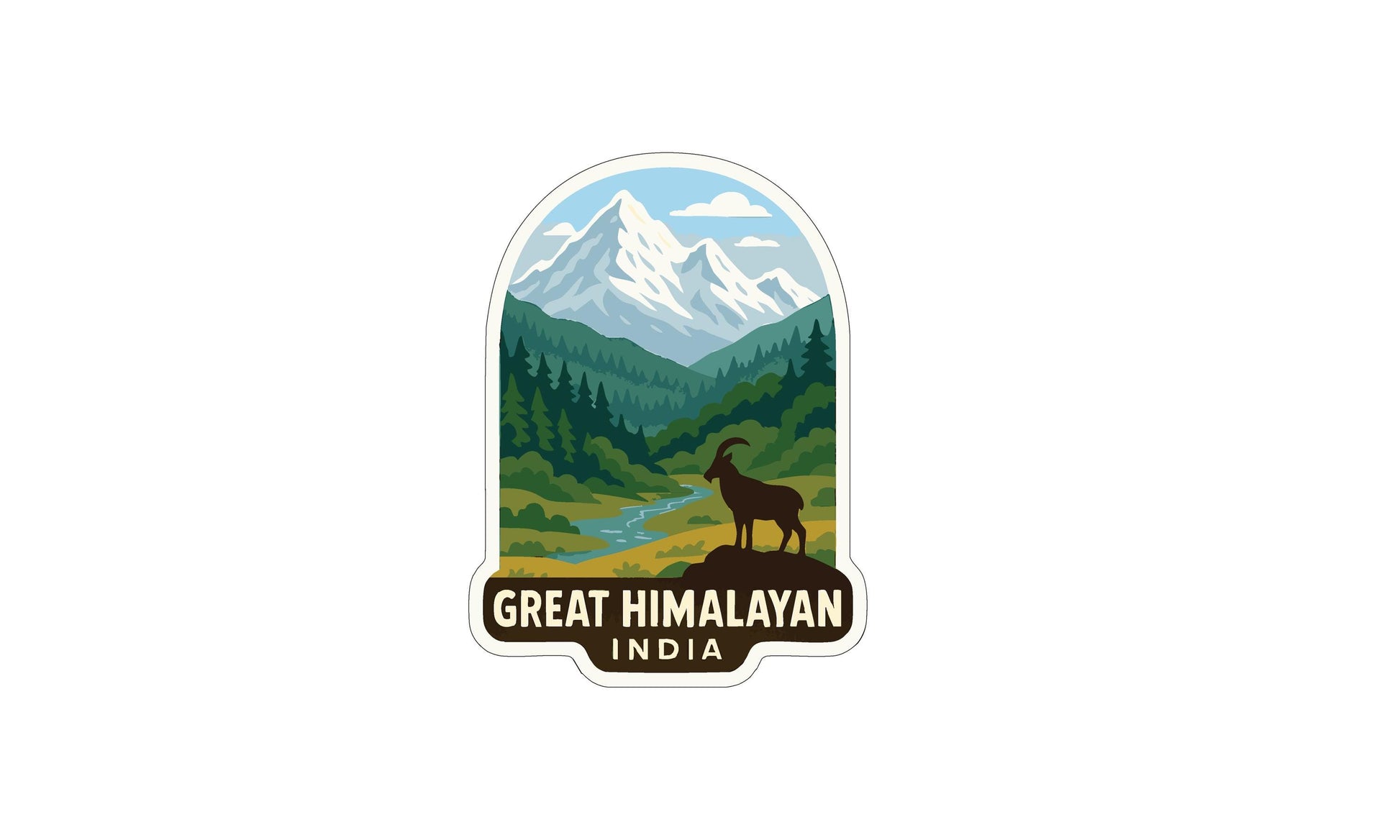 a mountain landscape with a goat standing on a rock, surrounded by trees and a river.