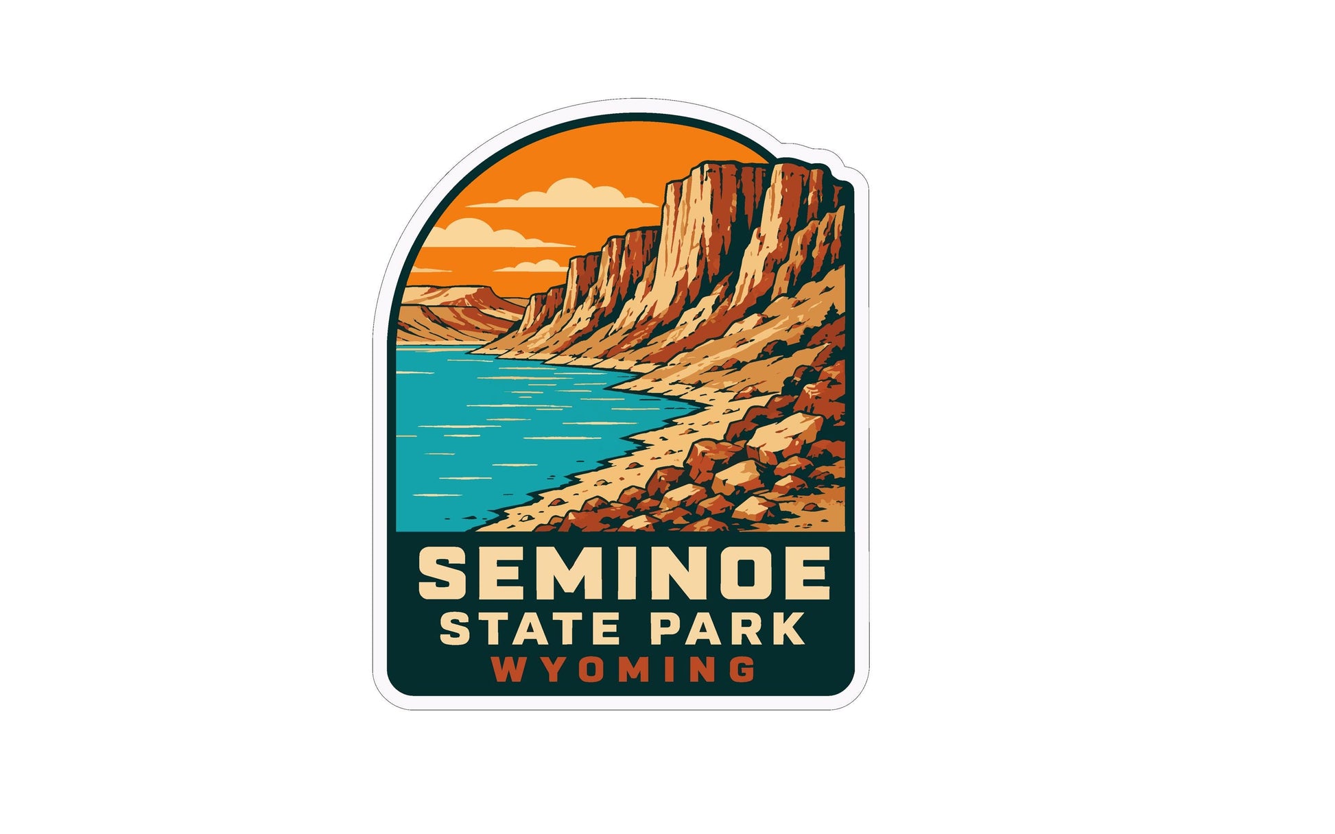 A sticker depicting a scenic landscape with mountains, a river, and a beach, with the text "SEMINOE STATE PARK WYOMING" prominently displayed.