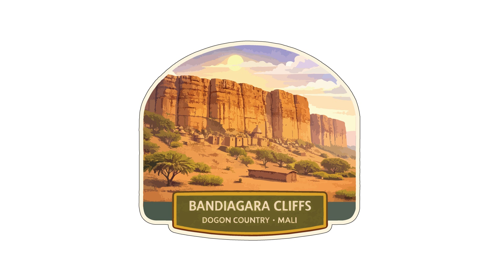 a scenic landscape with a large, towering cliff face in the background, surrounded by a desert-like environment with sparse vegetation. The sky above is filled with clouds, creating a dramatic and atmospheric setting. The image is a collage of multiple images, and the text "BANDIAGARA CLIFFS DOGON COUNTRY - MALI" is displayed prominently in the center, indicating the location and name of the landmark.