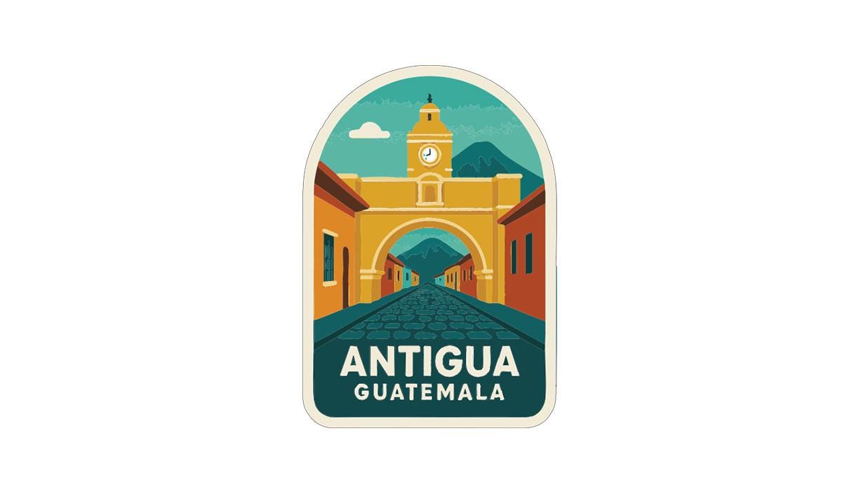a colorful illustration of Antigua, Guatemala, with a clock tower and a cobblestone street.