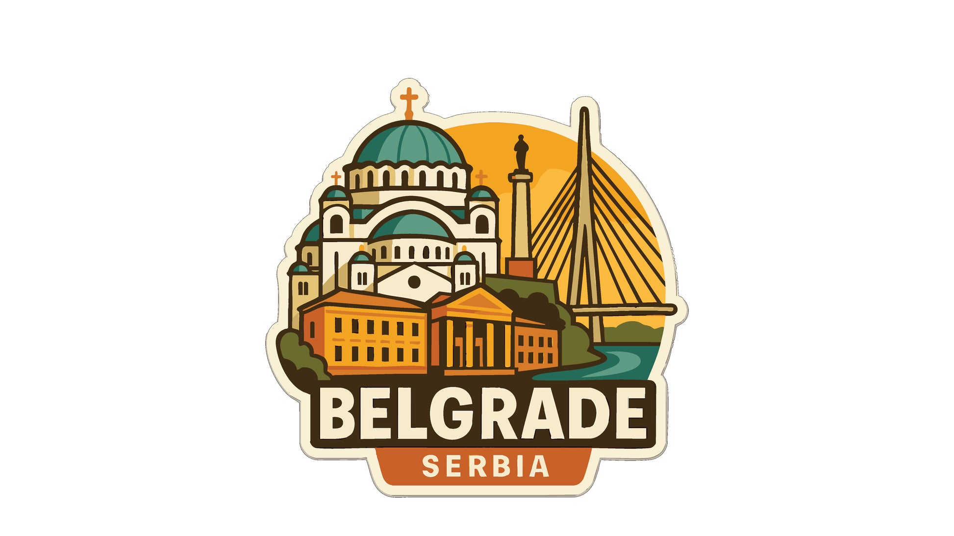 A sticker or emblem featuring the cityscape and landmarks of Belgrade, Serbia.