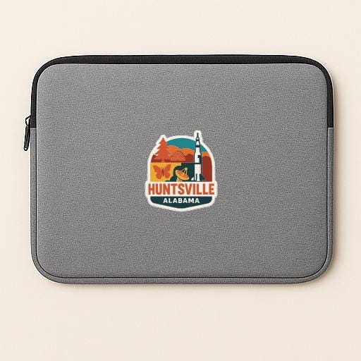 A gray laptop sleeve with a logo for Huntsville, Alabama.