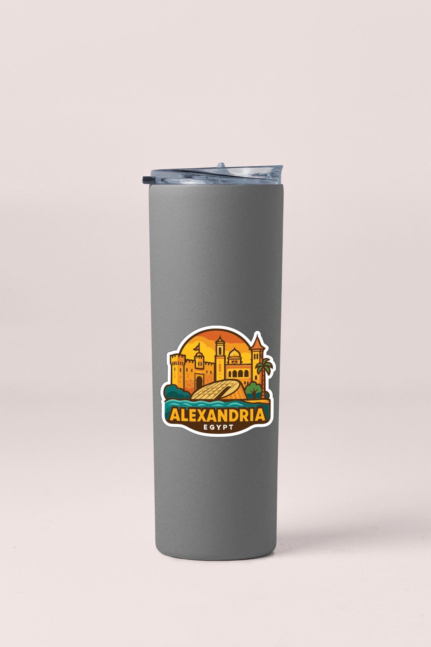 A gray insulated tumbler with a graphic sticker depicting the city of Alexandria, Egypt.