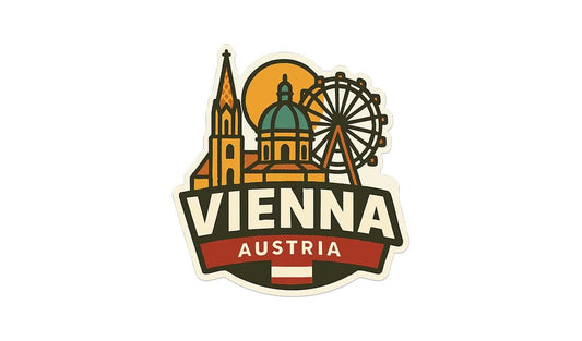 a sticker with a picture of a city and a ferris wheel