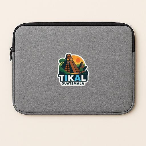A gray laptop sleeve with a colorful graphic of the Mayan city of Tikal, Guatemala, featuring a pyramid and a sunset.