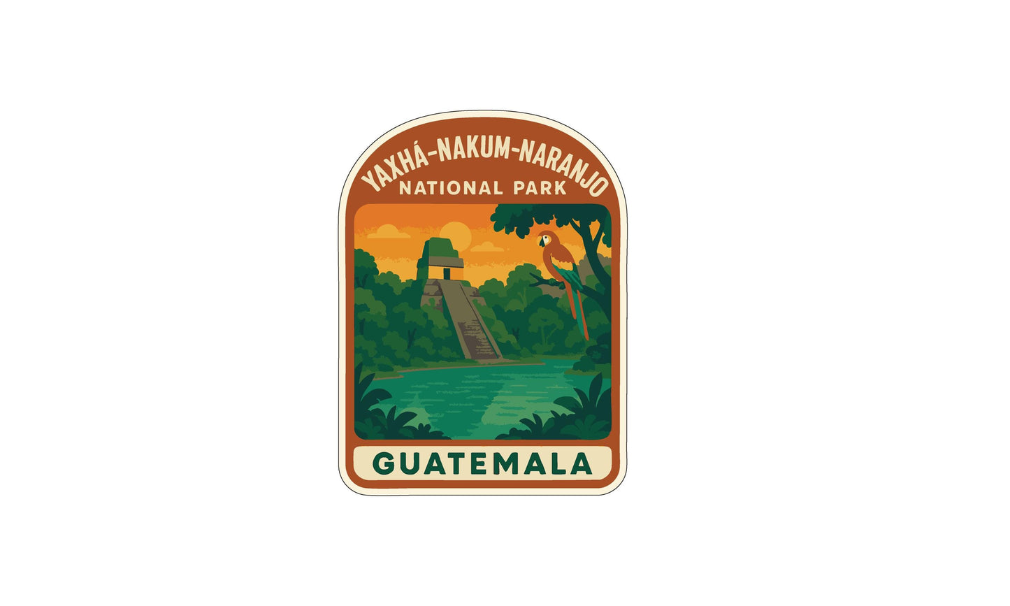 The image is a sticker or emblem featuring the Yaxha-Nakum-Naranjo National Park in Guatemala, with a tropical landscape and a bird in the background.