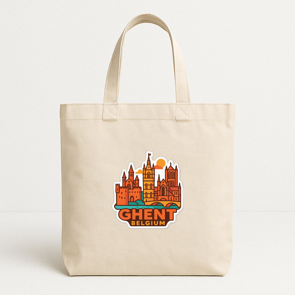 A beige tote bag with a graphic design depicting the cityscape of Ghent, Belgium.