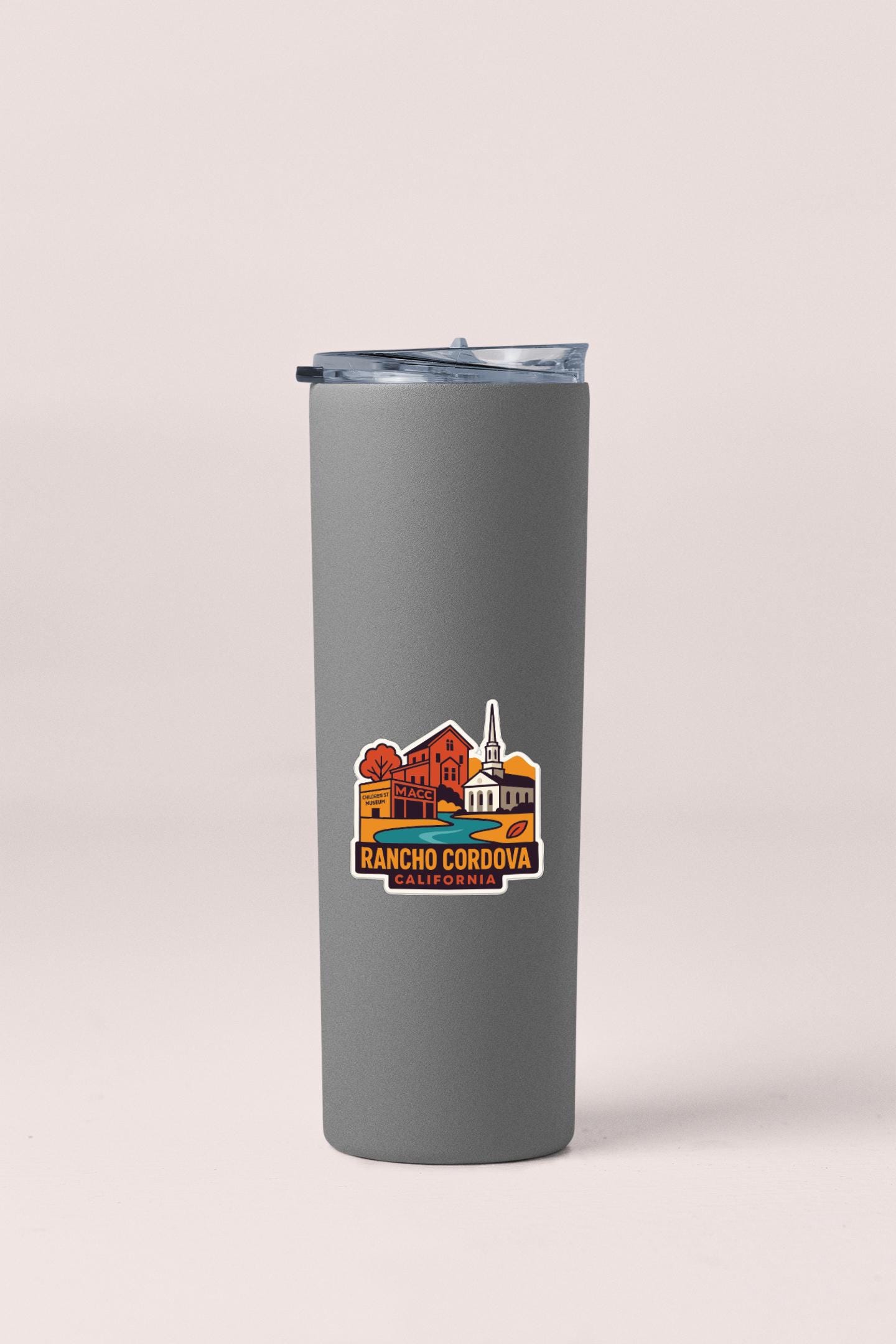 A gray insulated tumbler with a printed label that says "RANCHO CORDOVA CALIFORNIA".