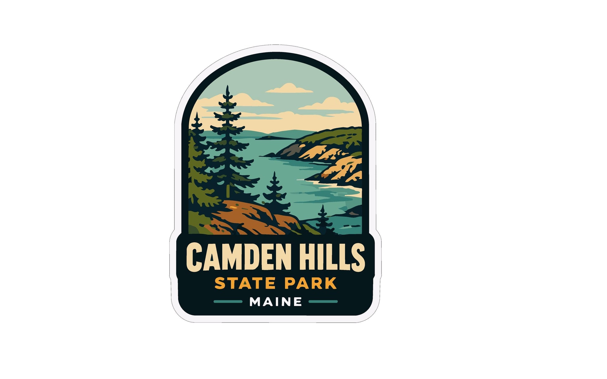 A sticker depicting a scenic landscape with pine trees, mountains, and a body of water, with the text "CAMDEN HILLS STATE PARK MAINE" prominently displayed.