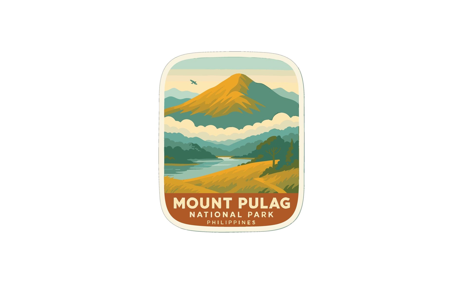 a sticker or label with a mountain landscape and a river, depicting Mount Pulag National Park in the Philippines.