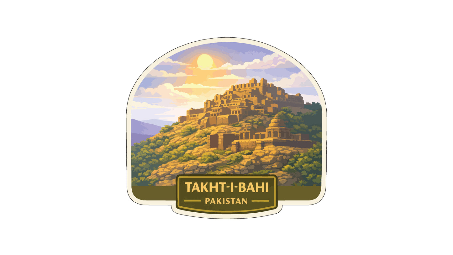 a mountainous landscape with a castle-like structure on top, set against a backdrop of a cloudy sky and a sun. The text "TAKHT-I-BAHI PAKISTAN" is displayed below the image.