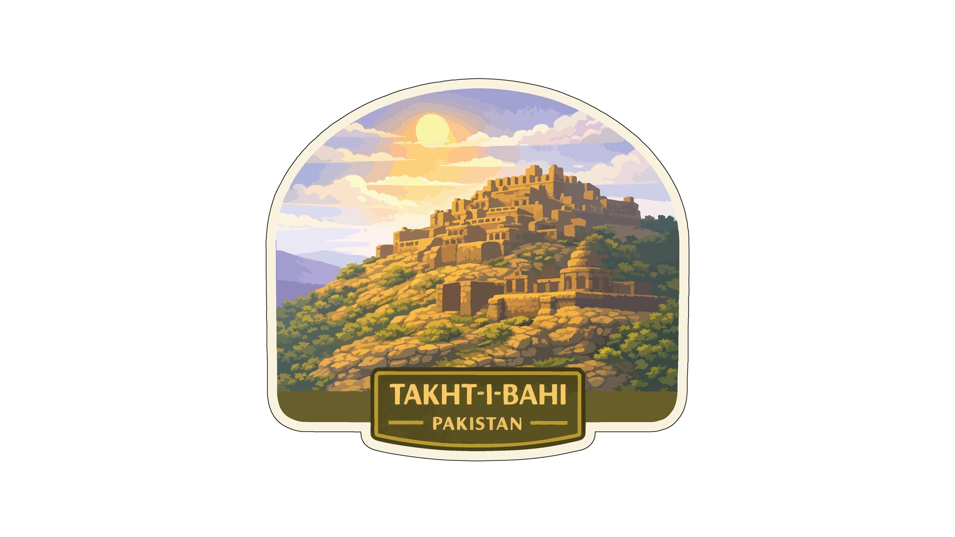 a mountainous landscape with a castle-like structure on top, set against a backdrop of a cloudy sky and a sun. The text "TAKHT-I-BAHI PAKISTAN" is displayed below the image.
