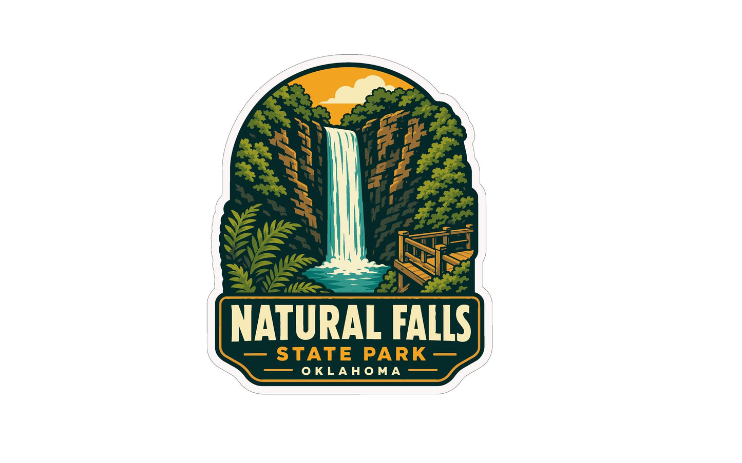 A sticker or emblem featuring a waterfall surrounded by lush greenery, with the text "NATURAL FALLS STATE PARK OKLAHOMA" prominently displayed.