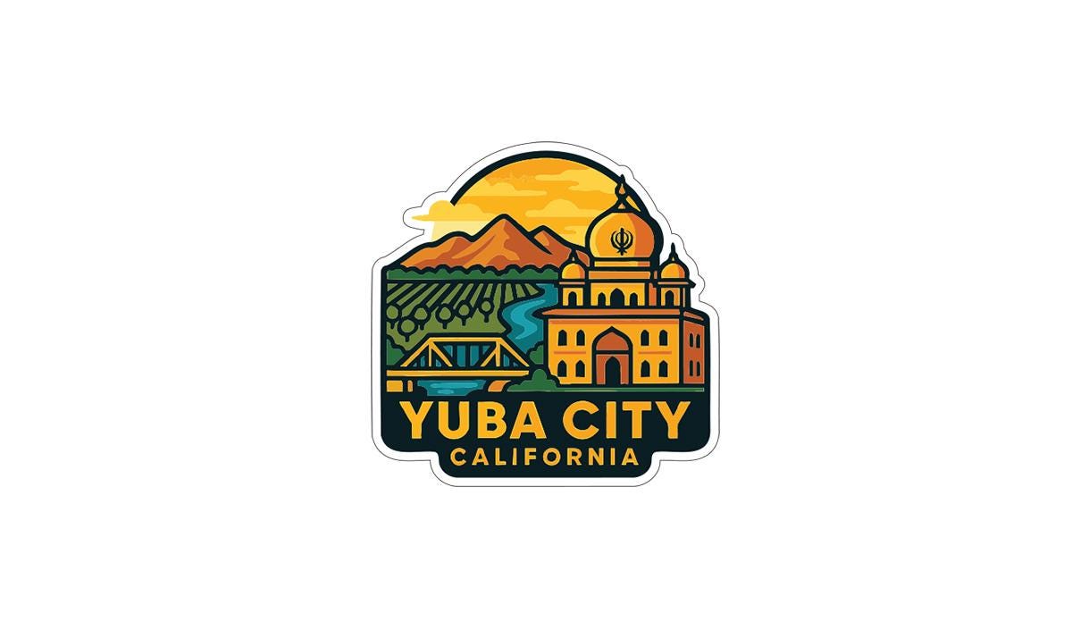 A stylized logo depicting a city skyline with mountains, a bridge, and a dome, along with the text "YUBA CITY CALIFORNIA".