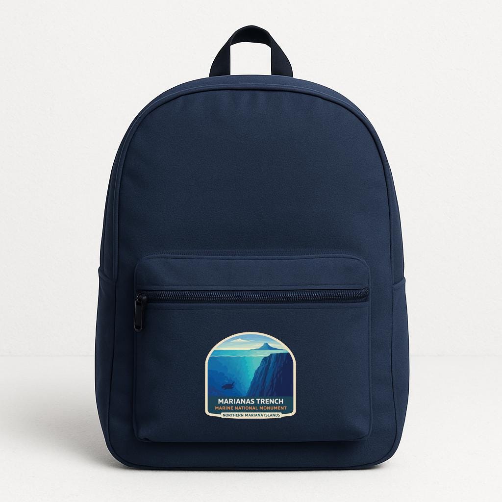 A navy blue backpack with a graphic on the front pocket.
