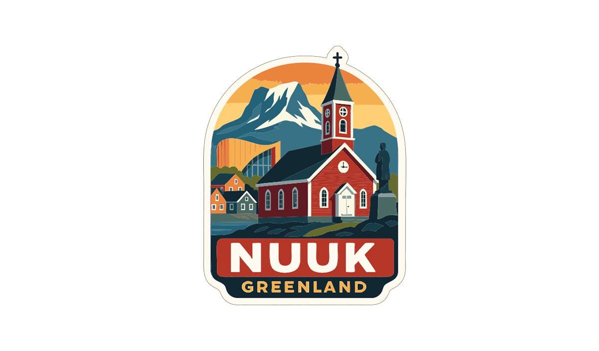 a sticker or label with a stylized illustration of a church, mountains, and buildings, along with the text "NUUK GREENGAND".