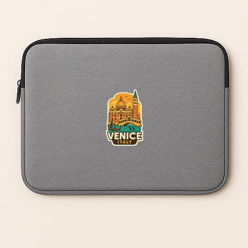 A gray laptop sleeve with a sticker depicting the city of Venice, Italy.