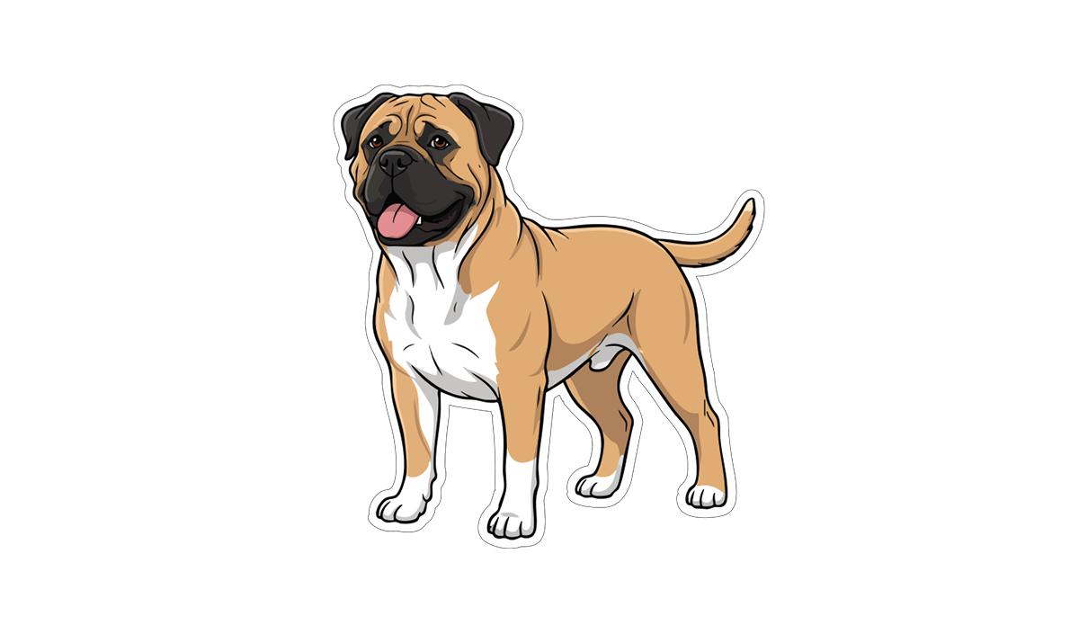 A cartoon illustration of a brown and white dog with a friendly expression, standing on all fours and looking directly at the viewer.