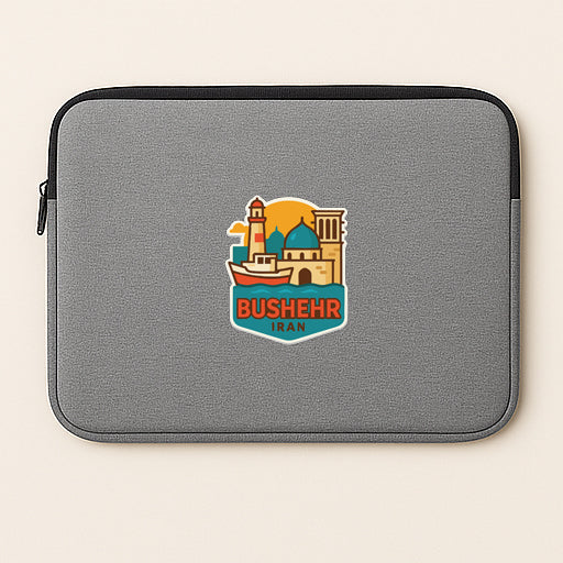 a gray laptop sleeve with a sticker depicting a cityscape and the text "Bushehr Iran".