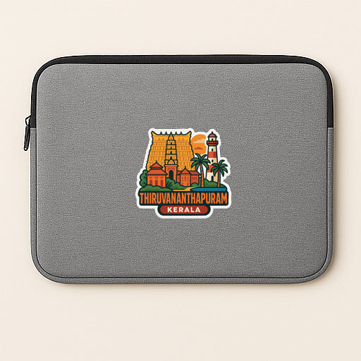 A gray laptop sleeve with a sticker depicting the landmarks and architecture of Thiruvannathanapuram, a city in Kerala, India.