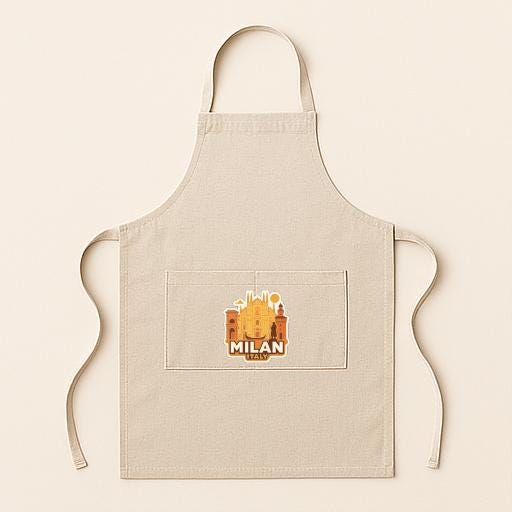 A beige apricot with a graphic of Milan, Italy, printed on it.