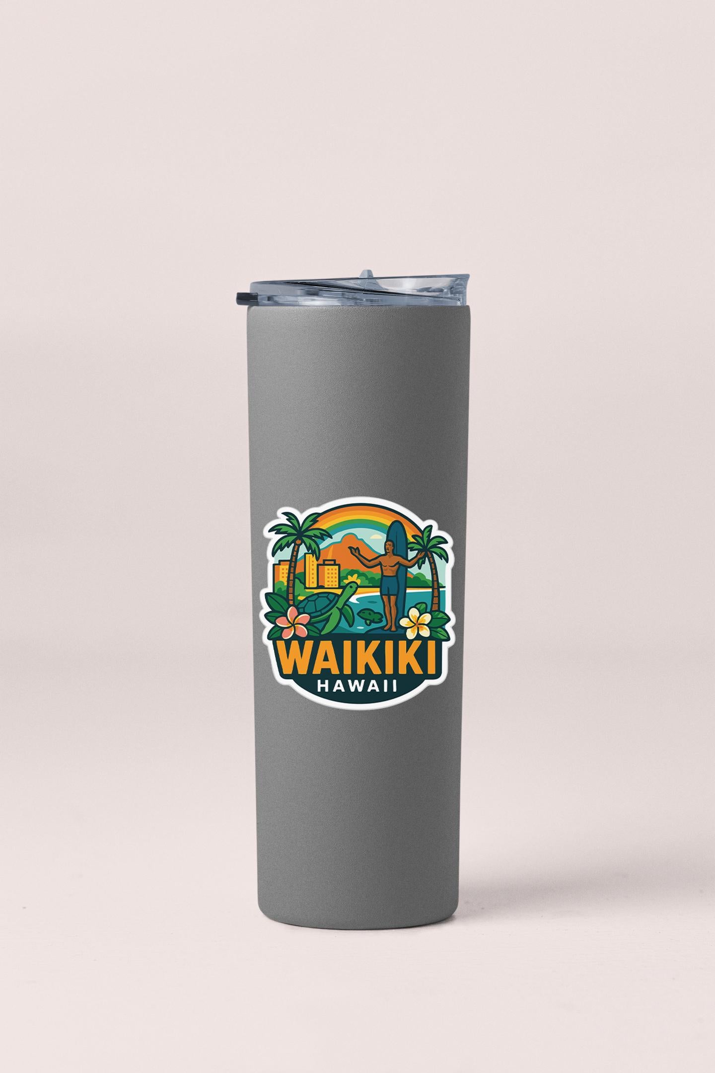 a travel mug with a picture of waiki on it