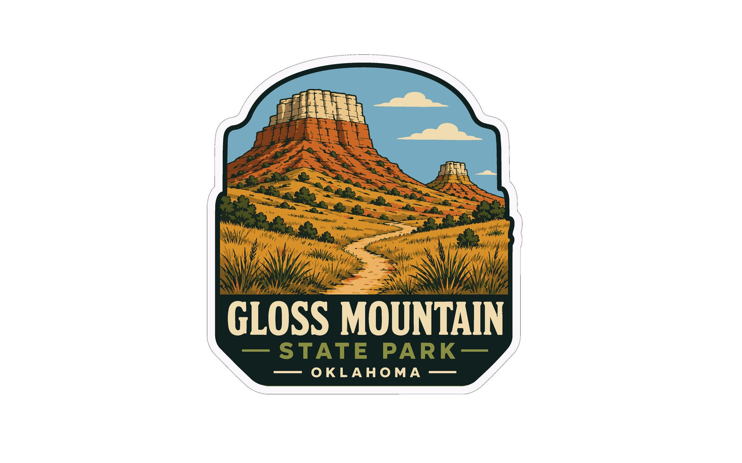 A sticker depicting Gloss Mountain State Park in Oklahoma, with a winding path leading through the landscape and two mountains in the background.