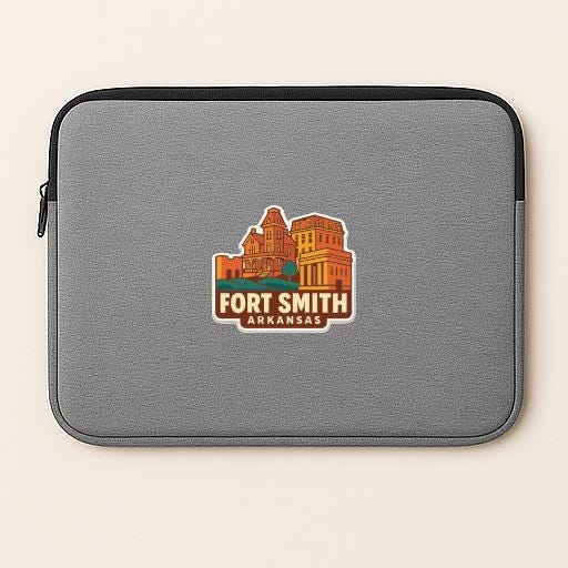 A gray laptop sleeve with a graphic design depicting a building and the text "Fort Smith, Arkansas" printed on it.