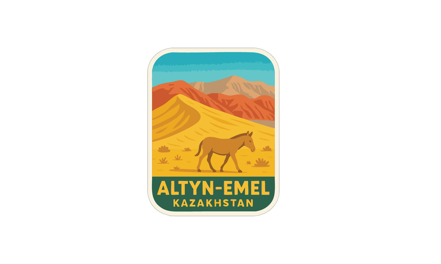 a sticker or label with a desert landscape and a horse, along with the text "ALTYN-EMEL KAZAKHSTAN".