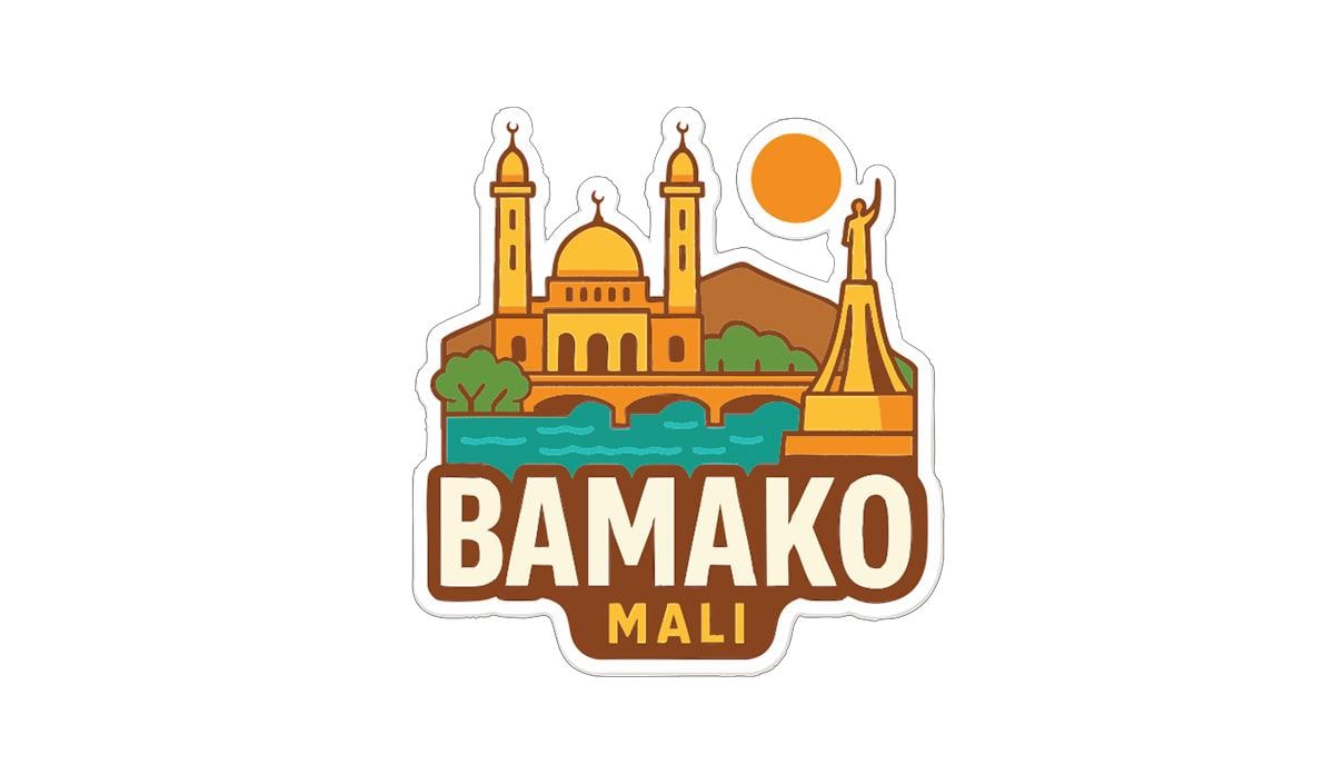 a sticker or logo with a stylized illustration of a city skyline, including a mosque, a bridge, and a statue. The text "BAMAKO MALI" is prominently displayed, indicating the location or name of the city.