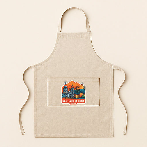 A beige apricot with a colorful graphic of a city skyline on the front pocket.