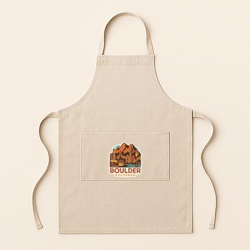 A beige apricot with a graphic of a mountain and the text "Boulder Colorado" printed on it.
