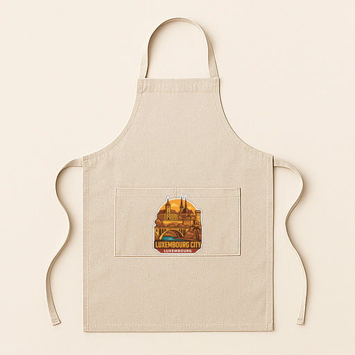 A beige apricot with a graphic of a city skyline on the front pocket.